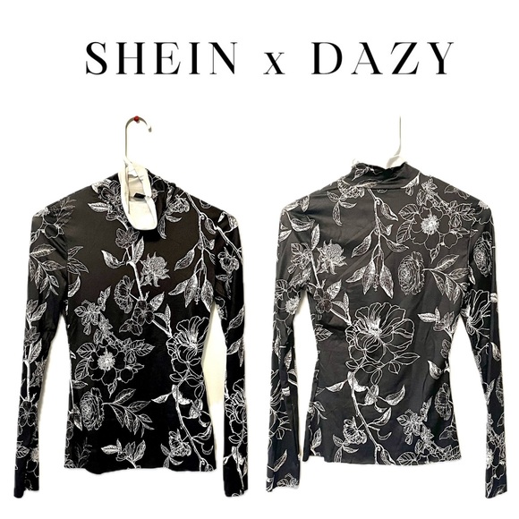 🍭 3/$15 DAZY black & white floral mock turtleneck - Picture 3 of 12
